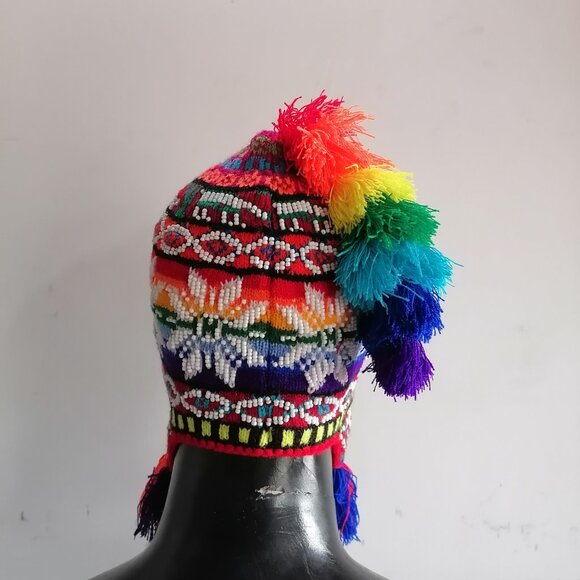 Peruvian Floral Chullo Knitted Wool Multicolored Beads Multicolored